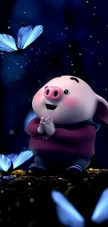 Cute cartoon pig with glowing blue butterflies.