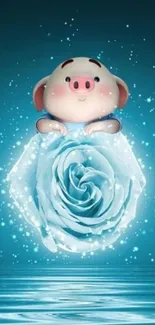 Cute pig sitting on a sparkling blue rose.