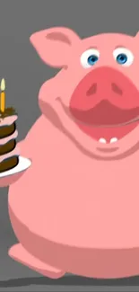 Cute pig holding a chocolate cake with candles on a gray background.