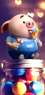 Cute pig on a gumball jar with heart lights.