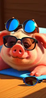 Cute pig with sunglasses relaxing on a towel in the sun.