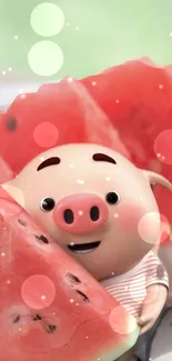 Cute animated pig holding a watermelon slice on a vibrant background.