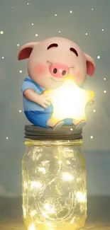 Adorable piggy holding a star on a jar with lights wallpaper.