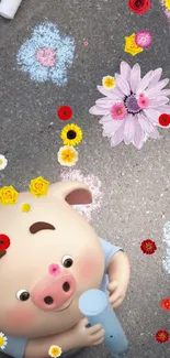 Cute cartoon piggy with colorful chalk flowers on pavement.