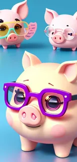 Cute piglets with glasses on blue background for mobile wallpaper.