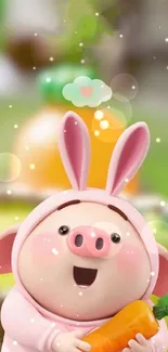 Cartoon pig in bunny suit with carrot.