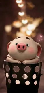 Cute piglet in a cup with heart bokeh lights background.