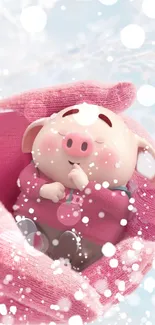 Cute pig nestled in pink gloves with snowy background.