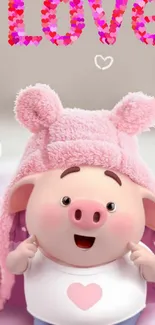 Adorable pig with heart hat on pink background