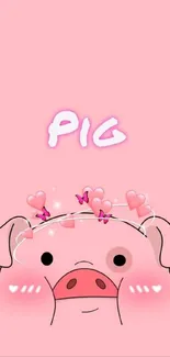 Cute pink pig with hearts and butterflies on a pink background.