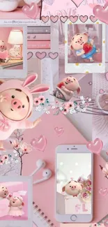 Cute pink piggy themed wallpaper for mobile with heart accents and botanical motifs.