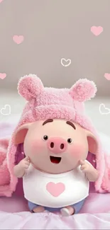 Cute piglet in pink hat with hearts and pastel background.