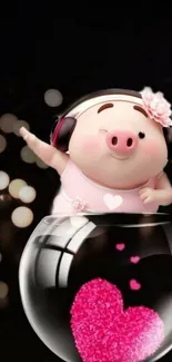 Cute pig in headphones with pink hearts and bokeh background.