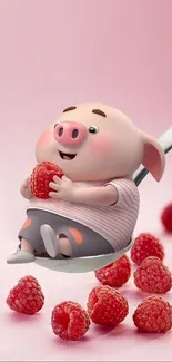 Cute cartoon pig with raspberries on a pink background wallpaper.