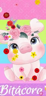 Cute piglet with floral crown on colorful striped background.