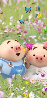 Adorable piglets in a vibrant garden with butterflies and flowers.