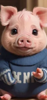 Adorable piglet wearing a blue sweater in a cozy setting.