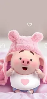 Adorable piglet wearing a pink fluffy hat with hearts on a pastel background.