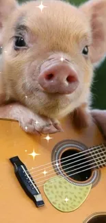 Adorable piglet leaning on a guitar in a playful pose.