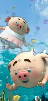 Cartoon pigs swimming underwater with bubbles in a vibrant, playful scene.