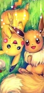 Cute Pikachu and Eevee on green grass.