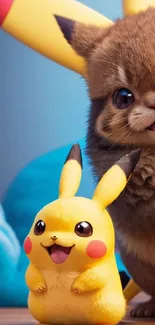 Pikachu and fluffy kitten on wood floor, bright and cheerful wallpaper.