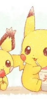 Cute Pikachu and Pichu enjoying treats on wallpaper.