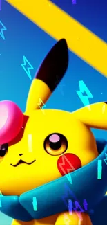 Cute 3D Pikachu with blue scarf on yellow and blue background.