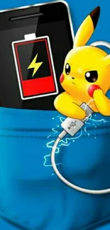 Cute Pikachu charging phone wallpaper with vibrant blue background.