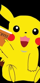 Pikachu holding coffee cup, black background.