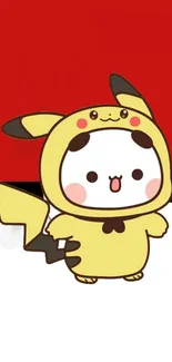 Cartoon character in a Pikachu costume on a red and white background.