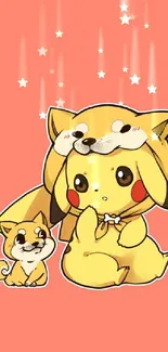 Adorable Pikachu in a dog costume on a peach background.