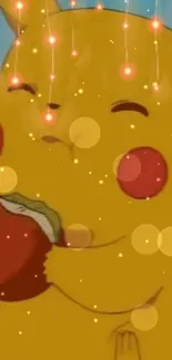 Adorable Pikachu enjoying a tasty apple with sparkles.