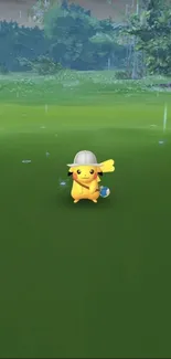 Adorable Pikachu standing in a rainy green field.