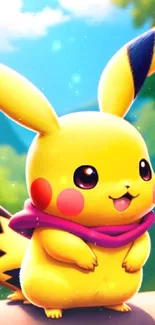 Cute Pikachu with scarf in a forest setting, vibrant and cheerful.