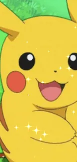 Pikachu sitting in green grass, smiling, with a vibrant background.