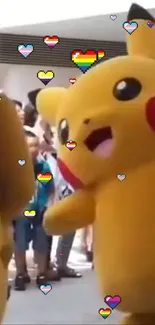 Cute Pikachu character with colorful pixel heart designs.