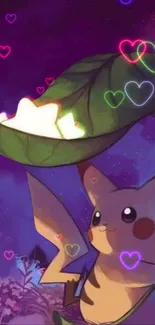 Charming Pikachu with glowing hearts on purple background.