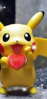 Pikachu holding a red heart with a joyful expression.