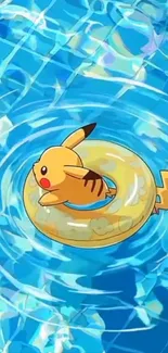Pikachu floating in blue water with a swimming ring.