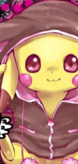 Cute Pikachu in a pink hoodie with a charming smile and vibrant colors.