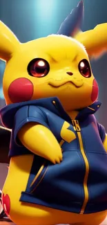 Pikachu wearing a blue hoodie with a vibrant background.