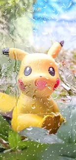 Adorable Pikachu sitting in rain-soaked grass, perfect for a joyful phone wallpaper.