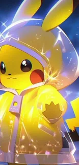 Adorable Pikachu in a sparkling raincoat under the night sky.