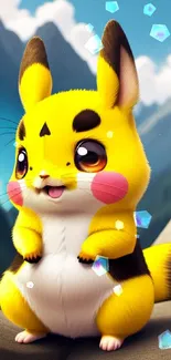 Cute Pikachu-like creature in mountains, yellow and charming scene.