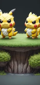 Pikachu characters on a floating grassy island mobile wallpaper.