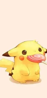 Cute Pikachu with lollipop on light beige background.