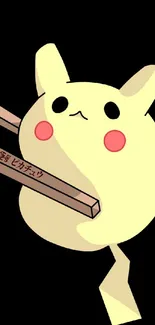 Cute minimalist Pikachu wallpaper with a black background and chopsticks design.