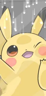 Cute Pikachu cartoon with stars on a gray background.