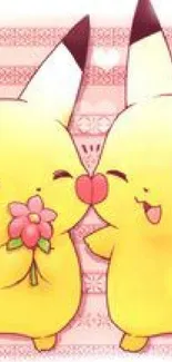 Cute Pikachu duo with a flower on pink background.